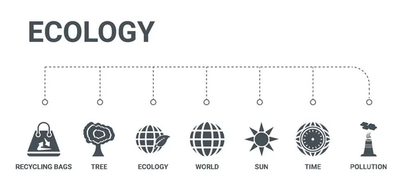 简单的一套7个图标, 如污染, 时间, 太阳, 世界, ecolo — 图库矢量图片