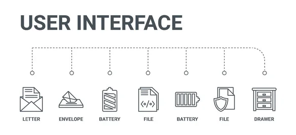Eenvoudige set van 7 iconen van de lijn zoals lade, bestand, batterij, bestand, — Stockvector
