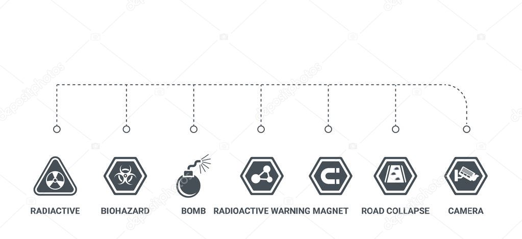 simple set of 7 icons such as camera, road collapse, magnet, rad