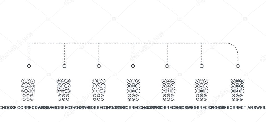 simple set of 7 icons such as choose correct answer. iq test. lo