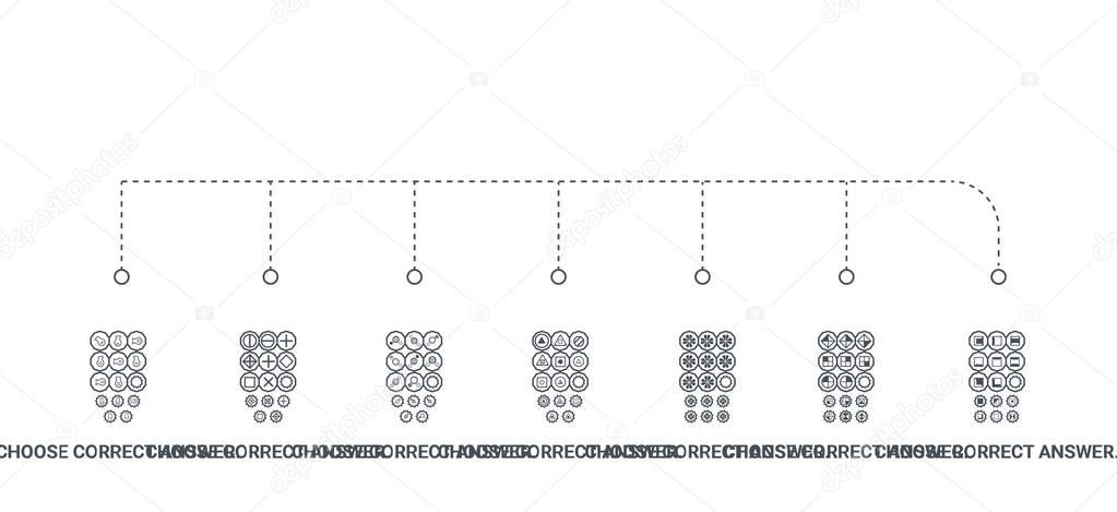 simple set of 7 icons such as choose correct answer. iq test. lo