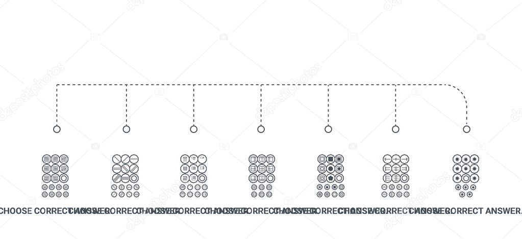 simple set of 7 icons such as choose correct answer. iq test. lo