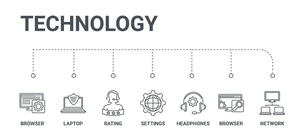 Prosty zestaw 7 ikon linii, takich jak sieci, przeglądarki, słuchawki, — Wektor stockowy