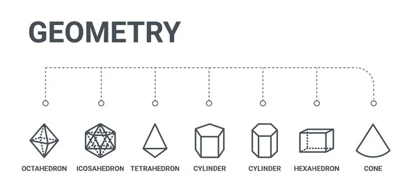 Jednoduchá sada 7 řádek ikon, například kužel, válec, šestihrany, c — Stockový vektor