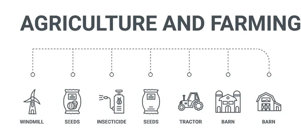 Prosty zestaw 7 ikon linii, takich jak stodoły, obory, ciągnika, nasiona, i — Wektor stockowy