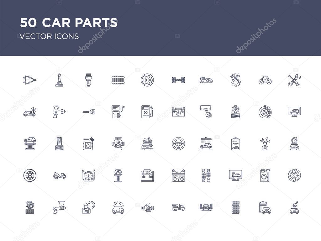50 set of car parts vector icons such as car painting, car, tire