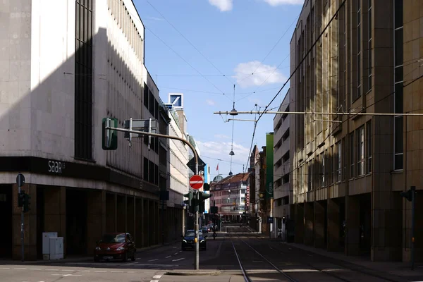 Crossing Downtown Saarbruecken Crossroads Traffic Banking District Saarbruecken Federal State — Stock Photo, Image