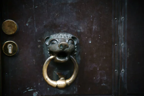 Porta Porta Igreja Botão Uma Maçaneta Metal Usado Forma Gato — Fotografia de Stock