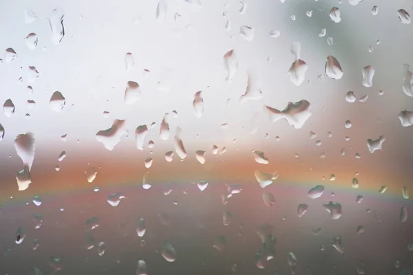 Rainbow Rainy Windowpane Colorful Lights Rainbow Rainy Windowpane Raindrops — Stock Photo, Image