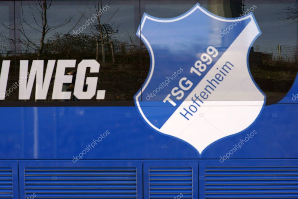 Team bus TSG 1899 Hoffenheim / The coat of arms of football club TSG 1899 Hoffenheim on the team bus in a game the Junior Division on February 23, 2019 in Frankfurt