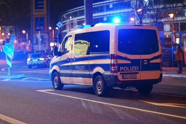 Policejní Operaci Fotbalové Utkání Policejní Auto Sirénou Modrá Světla Blokuje — Stock fotografie