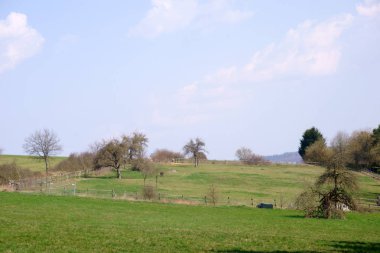 Çayır ve Mera çit ile dağlık manzara / çayır ve Mera çit ile tepelik bir manzara
