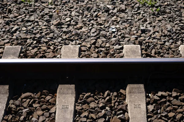 Track Bed Close Top View Close Track Bed Rails Ballast — Stock Photo, Image