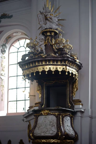 Preekstoel Sint Ignaz Kerk Mainz Een Wit Goud Versierde Preekstoel — Stockfoto