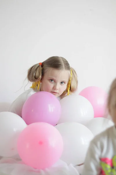 Girl Plays Bed White Pink Balloons Strawberry Pillow — Stock Photo, Image