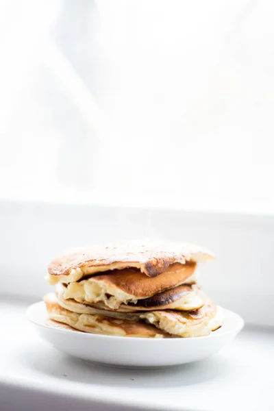Fresh Homemade Pancakes Saucer Stand Windowsill — Stock Photo, Image