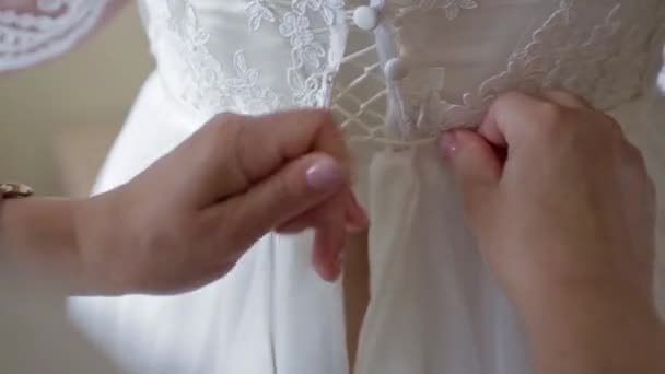 Παράνυμφοι Δένουν Κορδόνια Στον Κορσέ Του Φορέματος Της Νύφης — Αρχείο Βίντεο