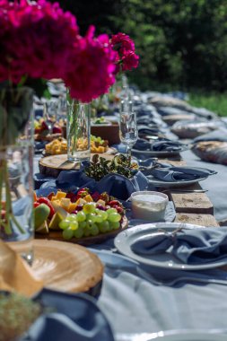 piknik masası birçok konuk için mavi tonda.