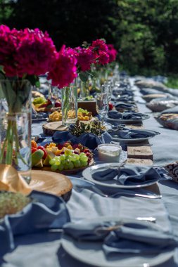 piknik masası birçok konuk için mavi tonda.