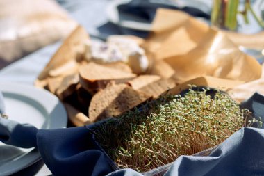 Ön planda mikro yeşil tepsi, arka planda peynirli ekmek dilimleri.