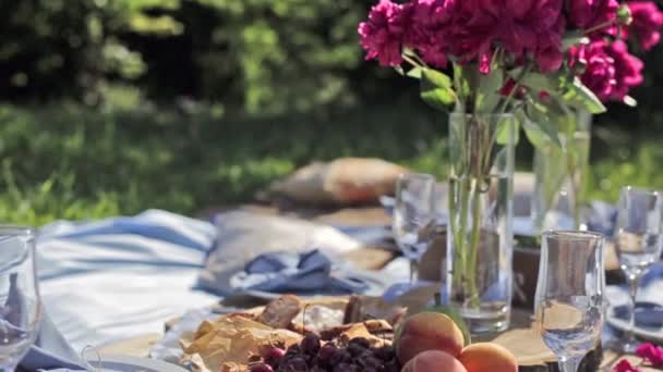 Kamera Könnyedén Mozog Piknik Asztalnál Gyümölcsökkel Virágokkal Üres Poharakkal — Stock videók