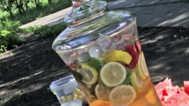Lemonad Glas Lemonad Dispenser Med Citron Lime Jordgubbsklyftor Och Mynta — Stockvideo