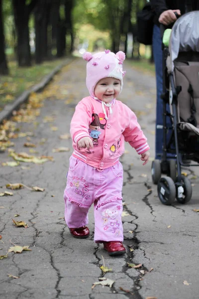 Niña Con Ropa Rosa Está Caminando Parque Otoño —  Fotos de Stock