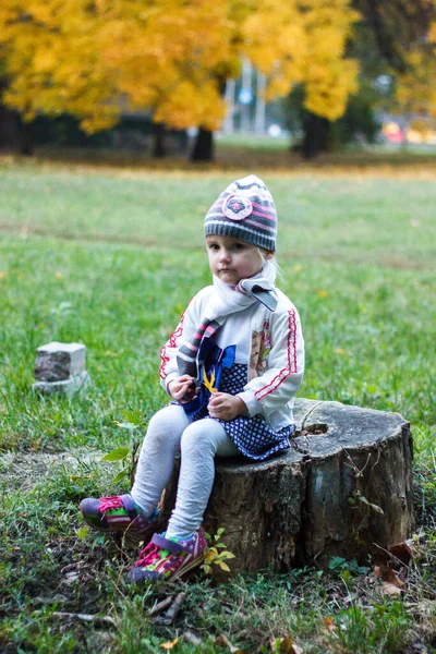 Ένα Κορίτσι Κάθεται Ένα Κούτσουρο Ένα Φθινοπωρινό Πάρκο Χαμογελάει Και — Φωτογραφία Αρχείου