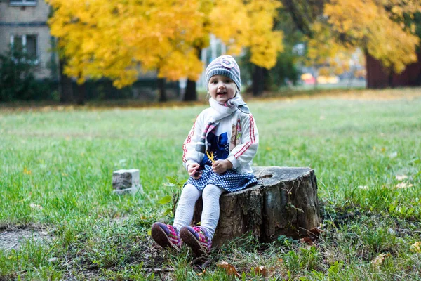 Una Ragazza Siede Tronco Albero Parco Autunnale Sorride Facce — Foto Stock