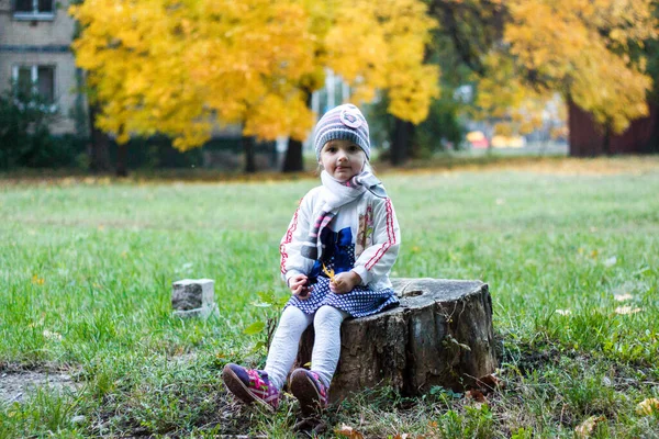 Uma Menina Senta Toco Árvore Parque Outono Sorri Faz Rostos — Fotografia de Stock