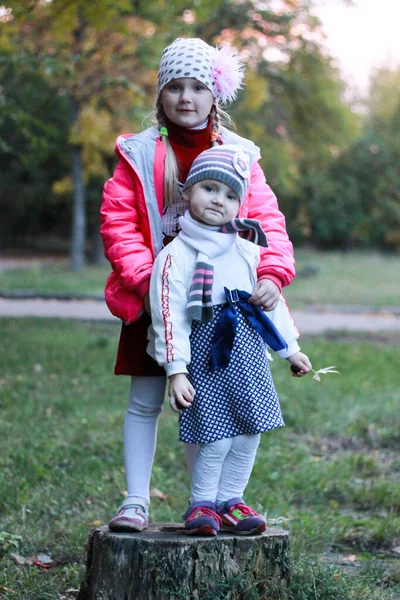 Zwei Schwestern Stehen Auf Einem Baumstumpf Umarmen Und Lächeln — Stockfoto