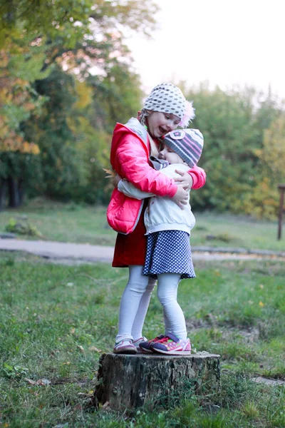 两个姐姐站在树桩上 拥抱和亲吻 — 图库照片