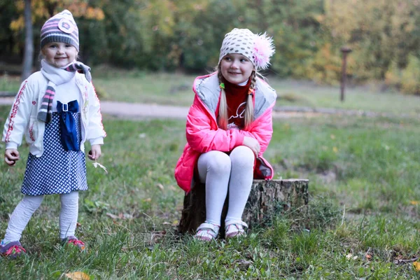 Una Ragazza Avvicina Sua Sorella Seduta Tronco Albero Abbracci Baci — Foto Stock