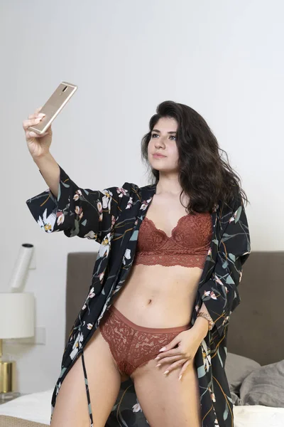 Sexy Girl Taking Self Portrait Bedroom — Stock Photo, Image