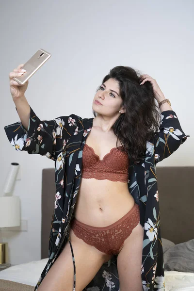 Sexy Girl Taking Self Portrait Bedroom — Stock Photo, Image