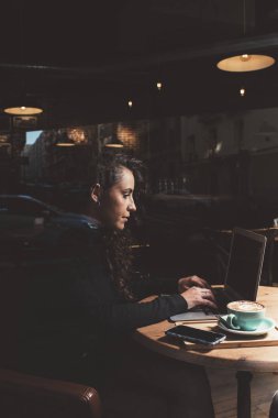 Kafede dizüstü bilgisayar kullanan genç çekici kadın