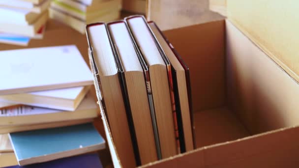 Bir Karton Kutu Içinde Ambalaj Kitap Kitap Yığınları Her Yerinde — Stok video