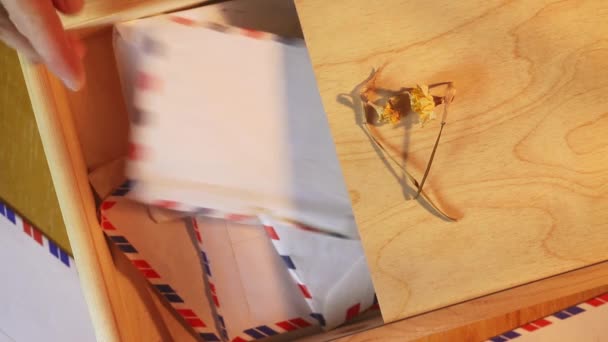 把旧信件放进木箱里 在前景暗淡的黄色干花里 关上盒子 — 图库视频影像