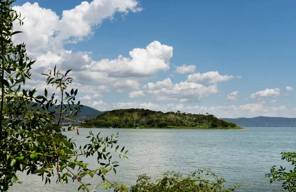 Isola Minore -little island -the smallest island of Trasimeno Lake in central Italy view from Isola Maggiore ,covered by woodland with pines and oaks ,