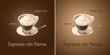 Espresso con Panna. Koyu kahverengi ve bej renkli arka plan üzerinde vektör izometrik simgesi. İçki kahve fincanı malzemelerle
