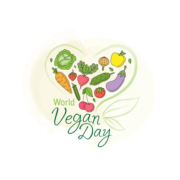 World Vegan Day Vectorillustratie Met Hart Bestaande Uit Groenten Fruit — Stockvector