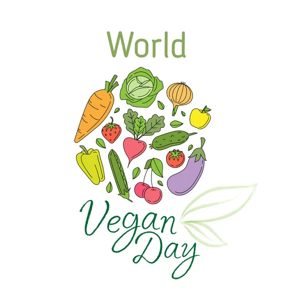 Journée Mondiale Végétalienne Illustration Vectorielle Avec Légumes Fruits Feuilles Isolé — Image vectorielle