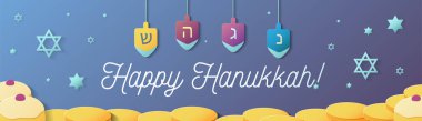 Hanuka Bayramınız kutlu olsun afiş tasarım Hanukkah tatil sembollerle: sufganiyah, topaç, sikke ve david yıldız