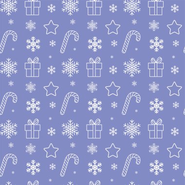 hediye kutuları, Noel şeker, yıldız ve minimalist tarzda kar taneleri ile Seamless Noel modeli. Ambalaj kağıdı, tebrik kartları vb için uygundur.