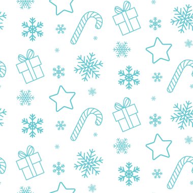 hediye kutuları, Noel şeker, yıldız ve beyaz bir arka plan üzerinde kar taneleri ile Seamless Noel modeli. Ambalaj kağıdı, tebrik kartları vb için uygundur.
