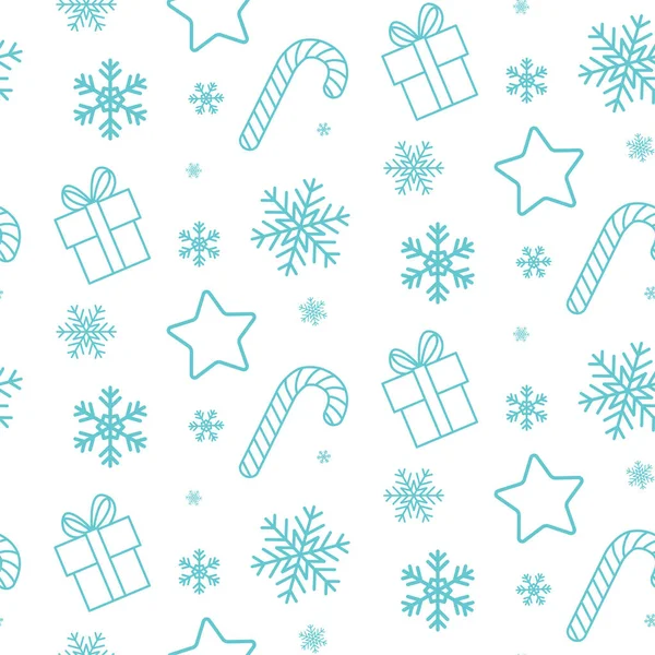 Nahtloses Weihnachtsmuster Mit Geschenkschachteln Weihnachtsbonbons Sternen Und Schneeflocken Auf Weißem — Stockvektor