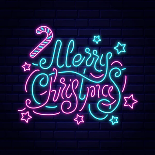 Frohe Weihnachten Vektor Illustration Neon Schriftzug Auf Einem Backstein Hintergrund — Stockvektor