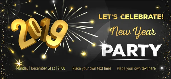 新年パーティ 2019 を祝いましょう ポスター チラシ バナー または招待状のテンプレートです ゴールドラメ 紙吹雪 暗い背景の上で花火 — ストックベクタ