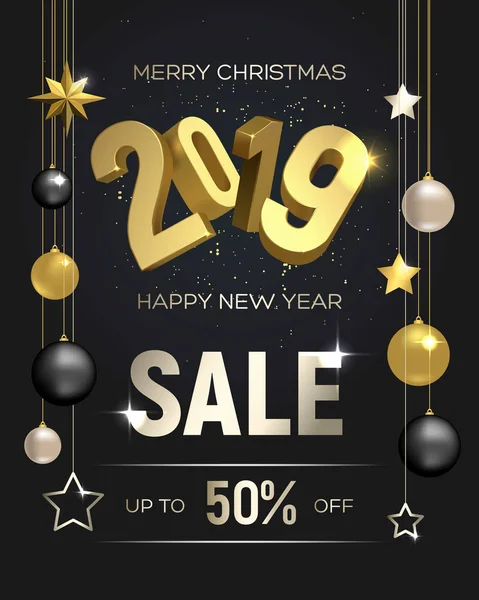 正月とクリスマス セール 2019 ポスター チラシ またはバナーのデザイン コンセプト 暗い背景に金の輝き クリスマス装飾 2019 — ストックベクタ