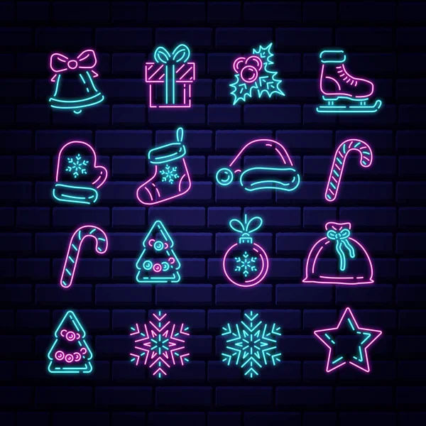 Set Von Weihnachts Und Neujahrsikonen Flachen Stil Mit Neon Effekt — Stockvektor
